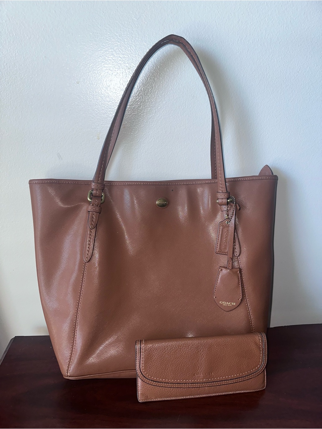 Y2k Coach Brown Leather Tote With Matching Wallet